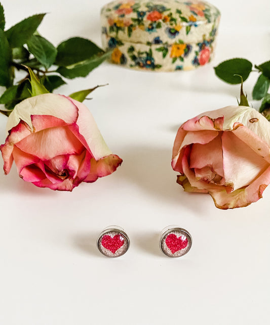 Pink Glitter Heart Stud Earrings, Teacher Earrings, Best Friend Gift Birthday for Her, Cute Heart Earrings, Pink Stud Earrings