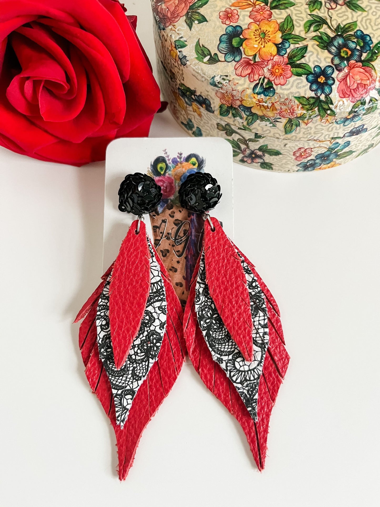 Red and Black Lace Earrings, Black Sequin Stud Earrings Curvy Leather Feather Dangles, Maximalist Earrings, Bachelorette Party Earrings