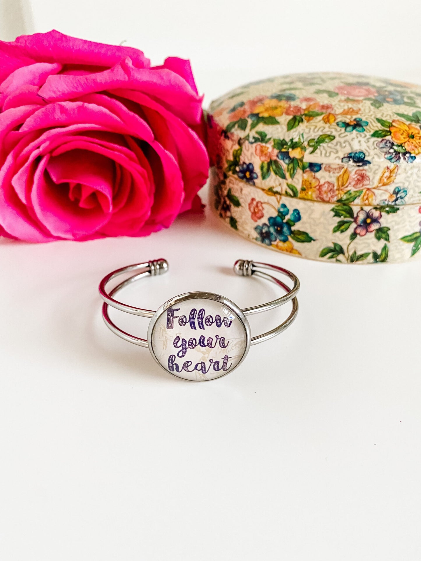 Follow Your Heart Bracelet, Silver Cuff Bracelet with Motivational Saying, Best Friend Birthday Gift for Her, Yoga Jewelry, Galentines Gift