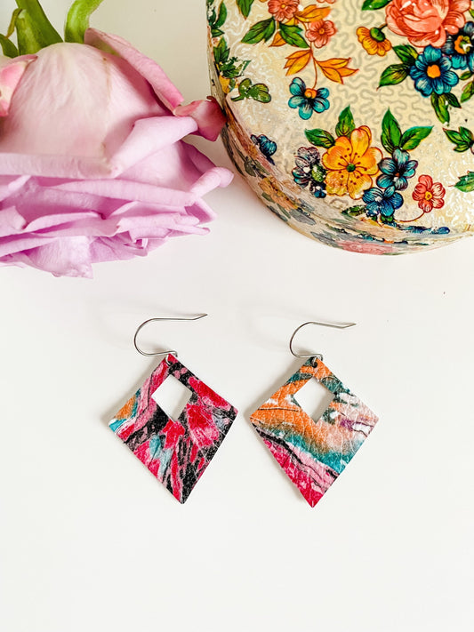 Retro Inspired Earrings, Multicolored Abstract Print Leather, Geometric Leather Fringe Earrings, Bright Boho Leather Earrings, Small Earring