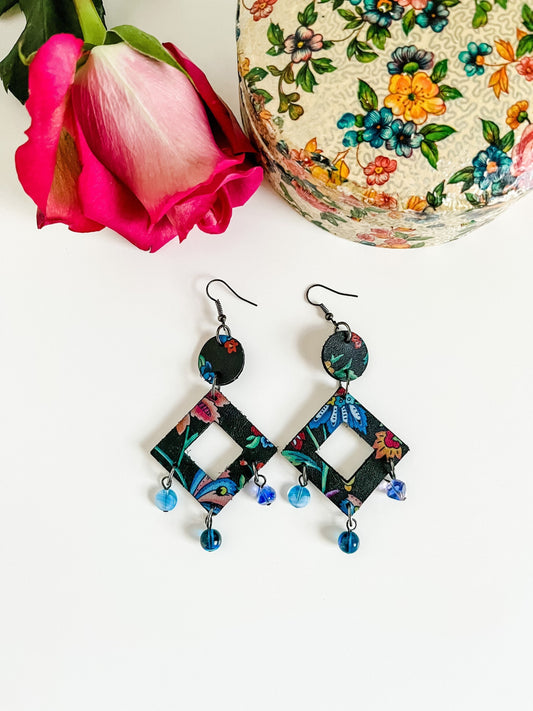 Leather Chandelier Earrings, Black and Blue Chandelier Earrings, Phoenix Flower Earrings, Maximalist Earrings, Boho Nouveau Dangle Earrings