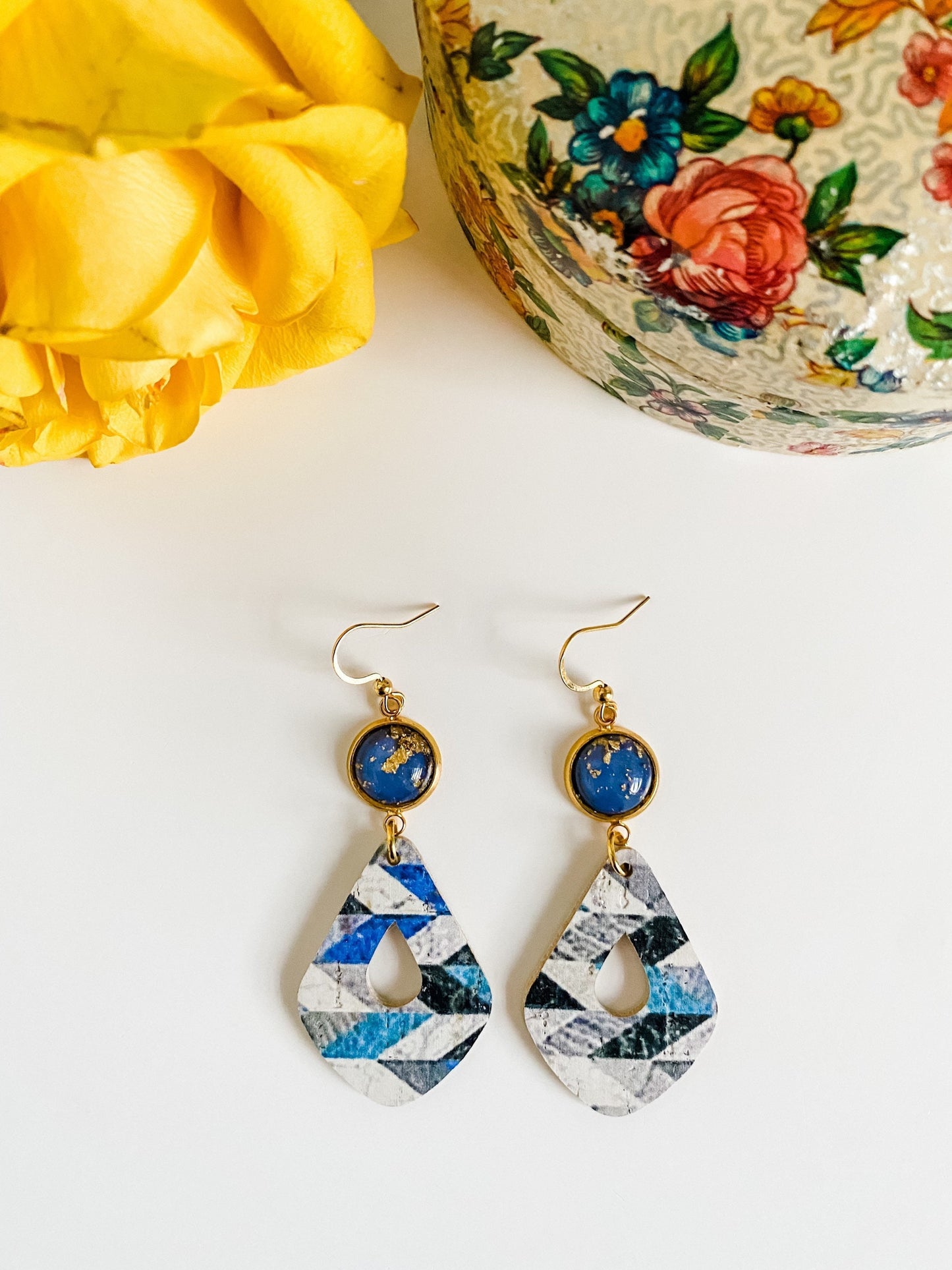 Blue and Gold Geometric Leather Earrings, Blue Chevron Print Cork, Small Navy Blue Dangle Earrings, Best Friend Birthday Gift for Her