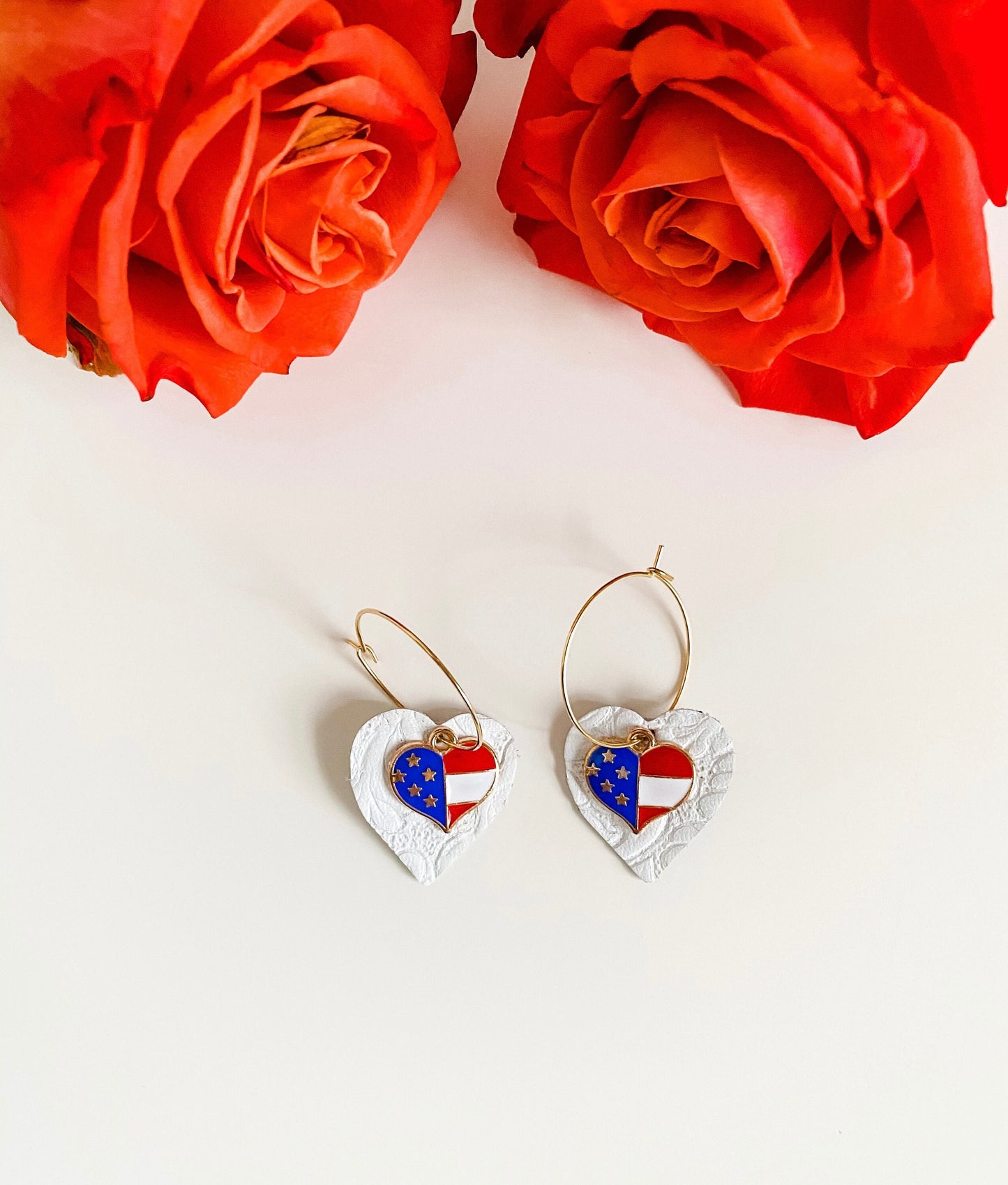 Americana Earrings, American Flag Earrings, 4th of July Patriotic Earrings, Red White Blue, Gold Hoop Earrings White Leather Heart Dangle