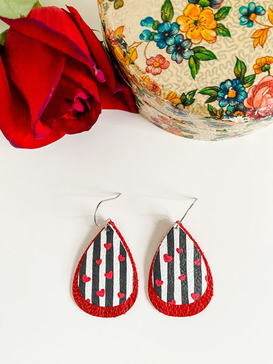 Red Leather Teardrop Earrings, Black and White Stripes with Red Hearts, Galentines Gift for Her, Valentines Earrings, Gift for Teacher