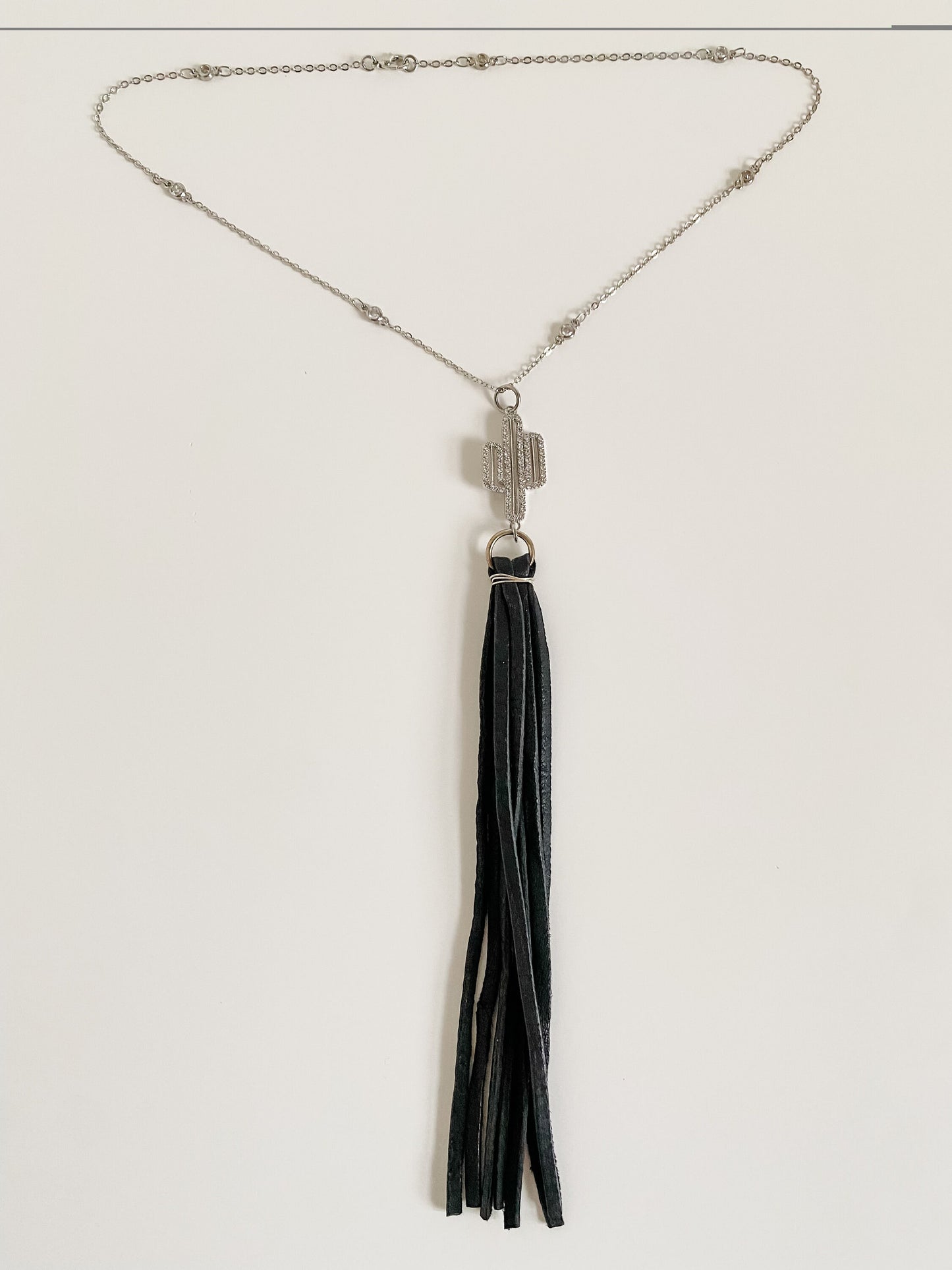 Black Leather Tassel Necklace with Pavé Crystal Cactus, Fringe Necklace, Coastal Cowgirl Necklace, Cactus Necklace, Festival Fashion