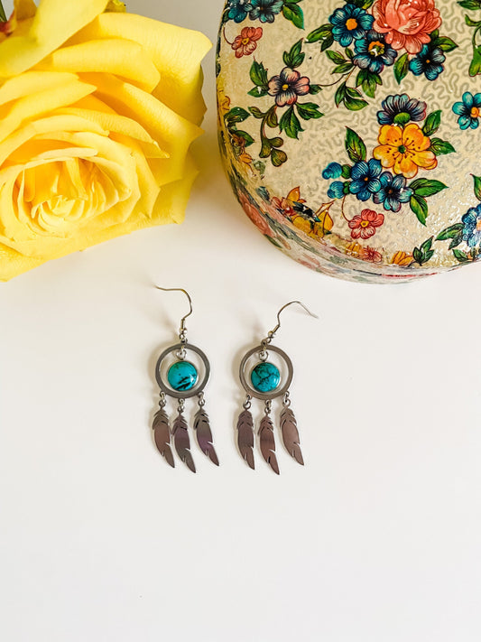 Turquoise Dream Catcher Earrings, Faux Turquoise Dangle Earrings, Southwestern Earrings, Coastal Cowgirl Chic Earrings, Gift for Cowgirl