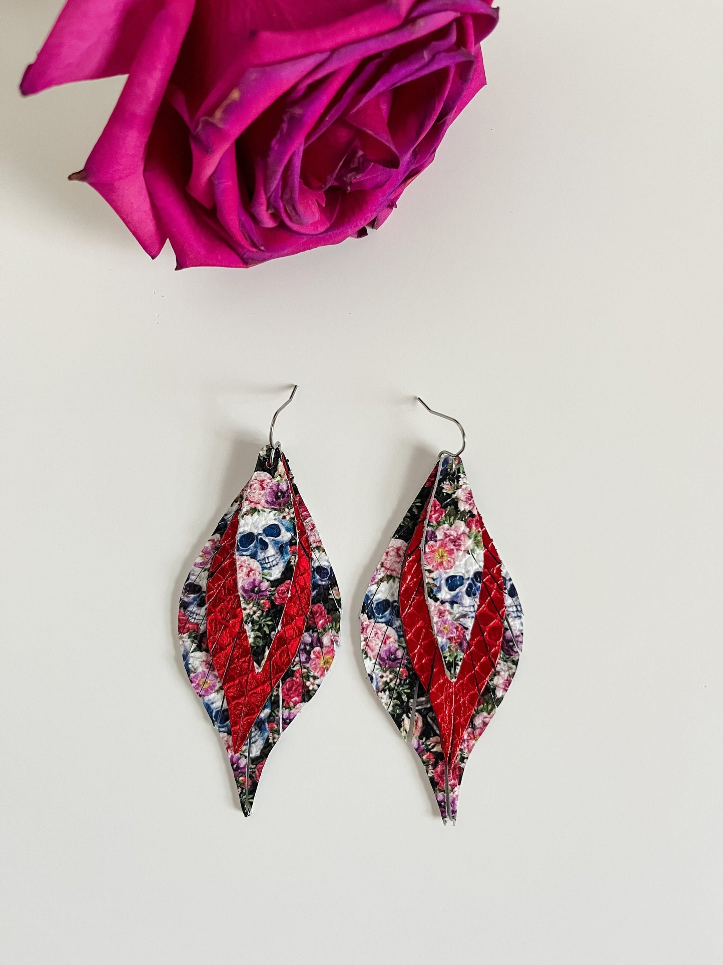 Bold Leather Feather Earrings, Red Roses and Skull Print Earrings, Red Snakeskin Earrings, Whimsigoth Earrings, Curvy Feather Earrings