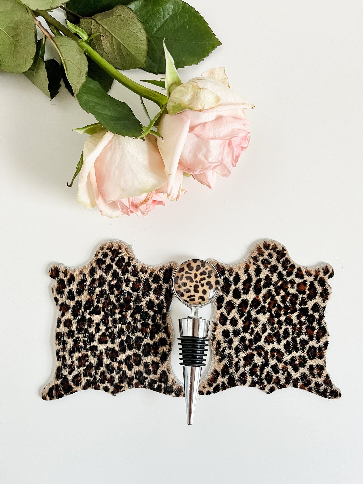 Cheetah Barware Set, Cheetah Hair on Hide Coasters, Cheetah Wine Bottle Stopper, Boss Babe Gift, Gift for Woman Who Has Everything