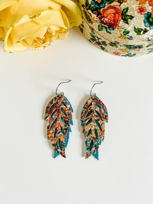 Leather Feather Earrings, Turquoise Earrings, Coastal Cowgirl Earrings, Cowgirl Chic Earrings, Western Tooled Patterned Earrings