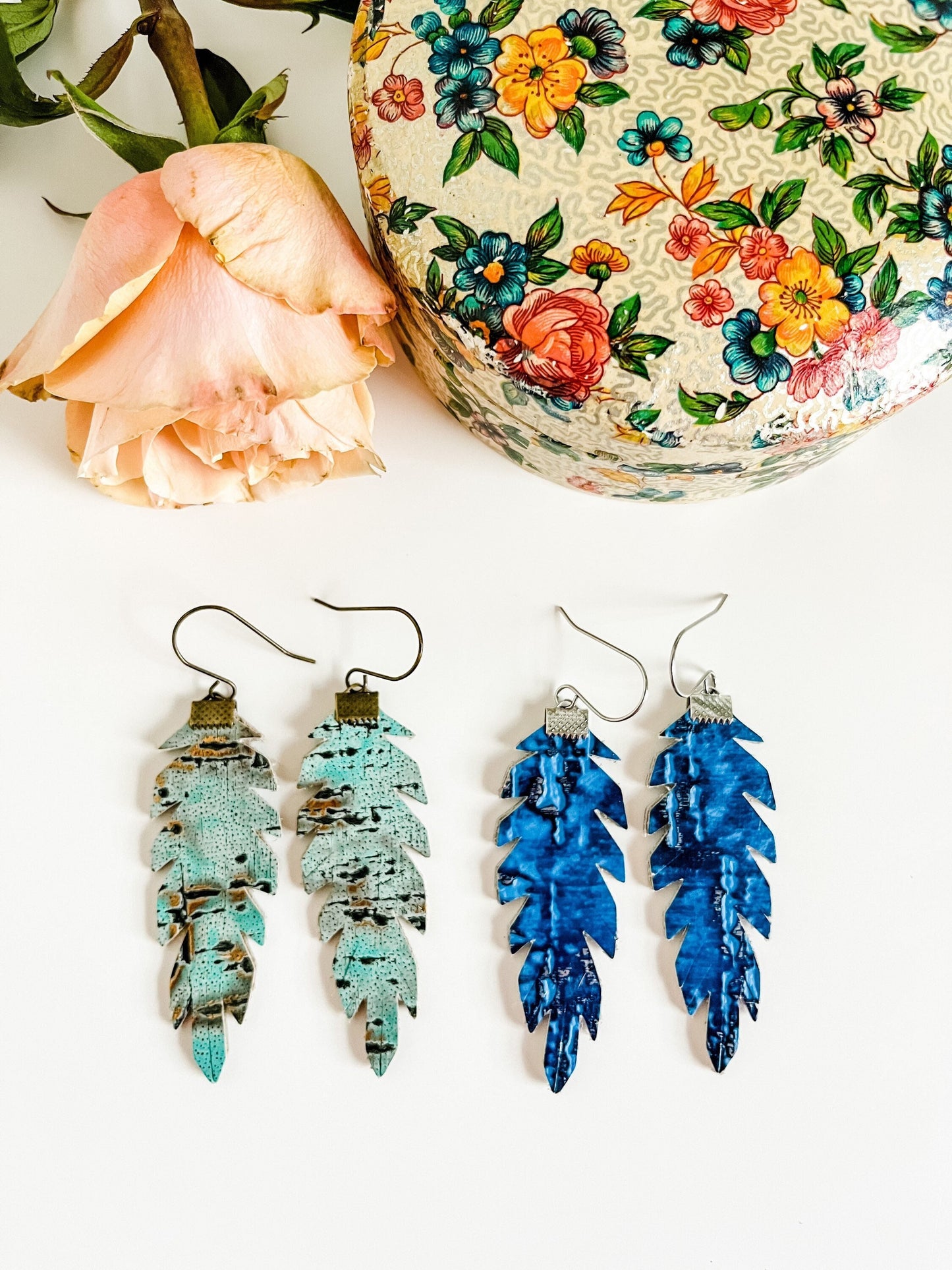 Wildwood Leather Double Sided Feather Earrings, Coastal Cowgirl Earrings, Boho Feather Earrings, Light Turquoise and Bronze, Blue and Silver