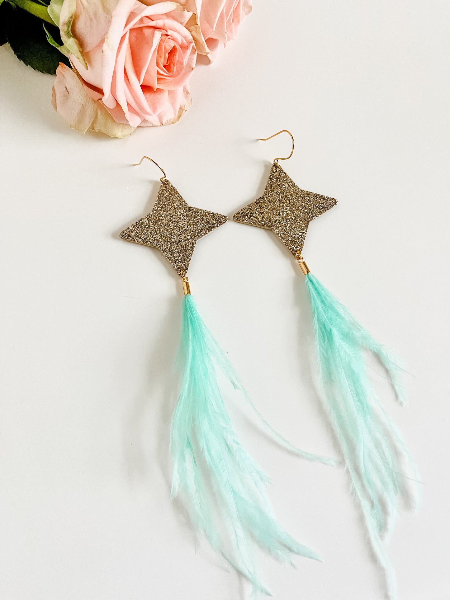 North Star Earrings Real Feather Dangles, Black Cork Leather with Pink Feathers, Gold Glitter Leather with Mint Feathers, Bright Earrings