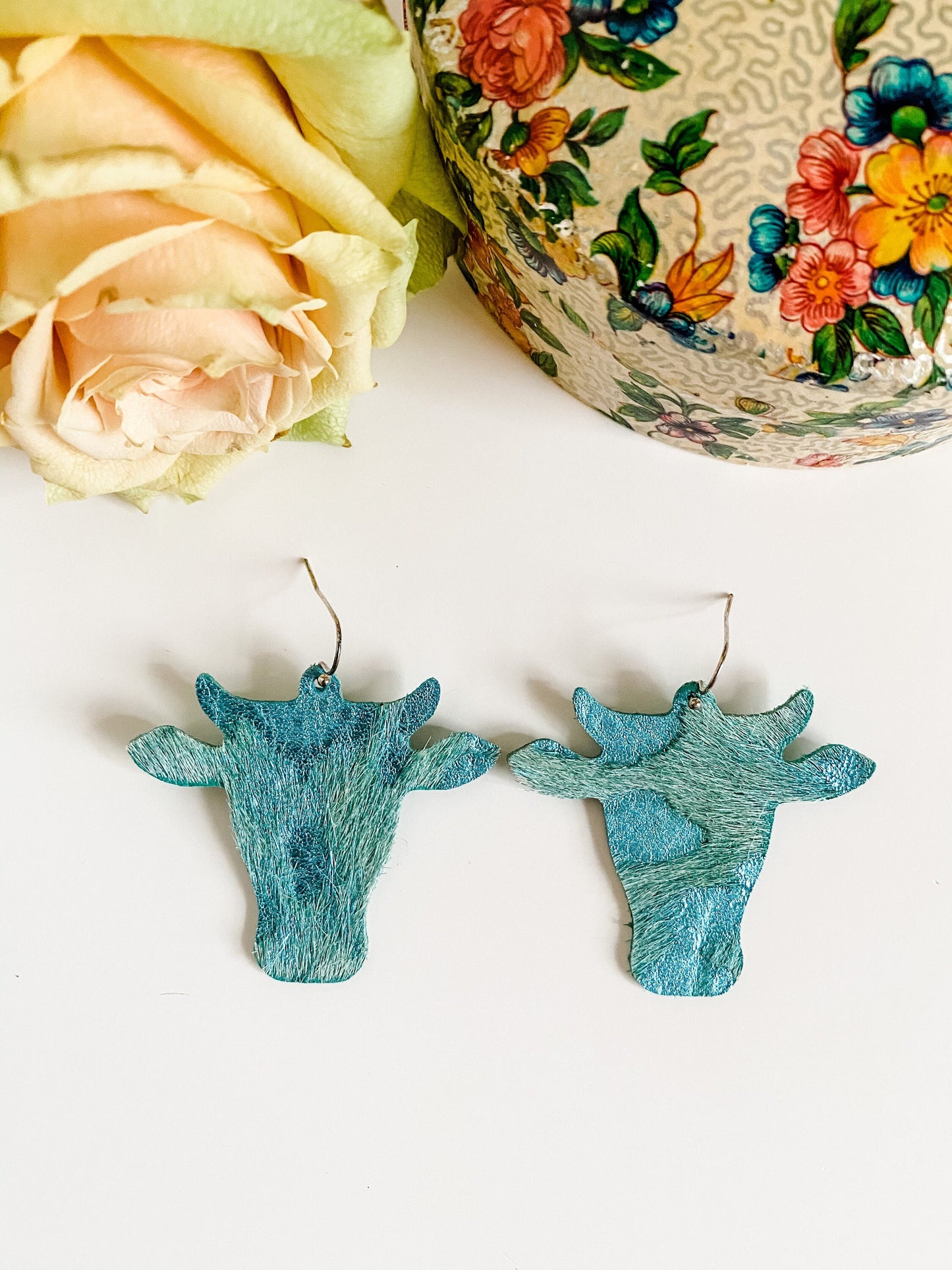 Punchy Cow Earrings in Metallic Teal Acid Wash Hair on Hide, Longhorn Earrings, Steer Skull Earrings, Coastal Cowgirl Western Earrings