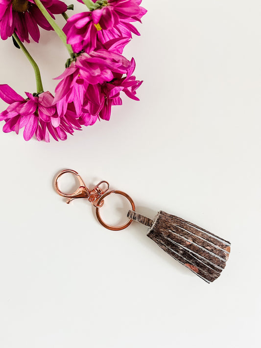 Rose Gold Acid Wash Hair on Hide Purse Tassel, Leather Tassel, Purse Charm, Tassel Keychain, Metallic Tassel, Rose Gold Bag Flair Charm