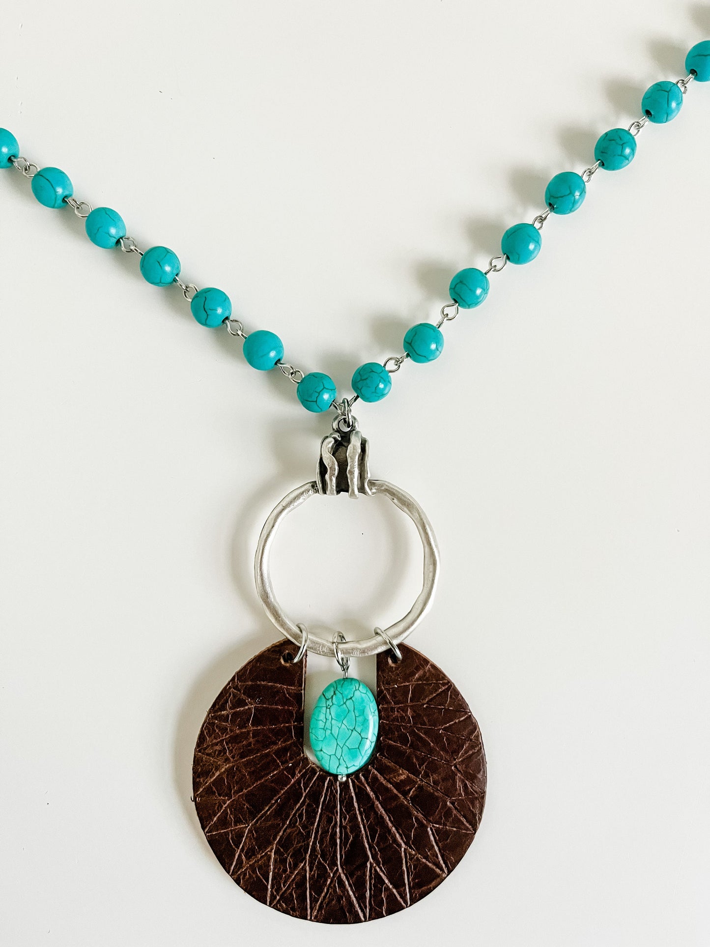 Turquoise Bead Chain Necklace with Handmade Leather Pendant, Boho Western Necklace, Brown Leather Sun Ray Pendant, Turquoise Necklace