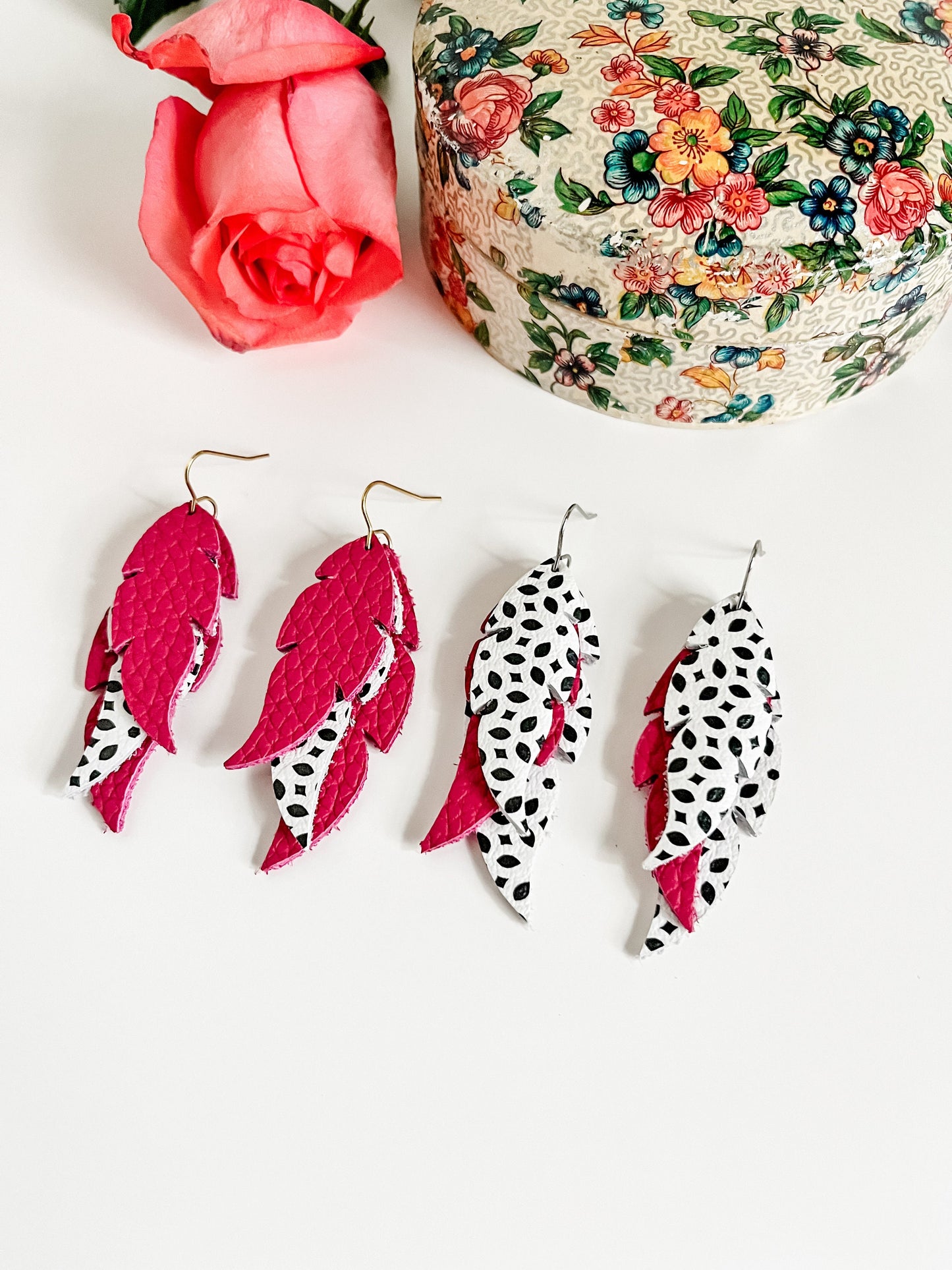 Leather Feather Earrings, Berry Pink Earrings, Black White Boho Feather Earrings, Boho Country Chic Earrings, Best Friend Gift for Her