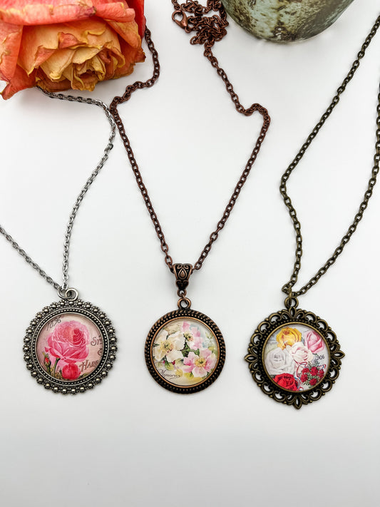 Pretty Floral Pendant Necklaces, Vintage Roses Necklace, Shabby Chic Necklace, Cottagecore Necklace, Best Friend Birthday Gift for Her