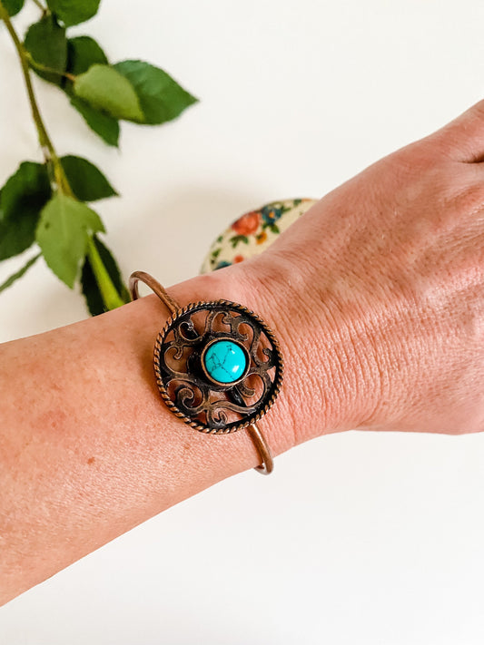 Turquoise Bracelet, Filigree Copper Natural Turquoise, Southwestern Bracelet, Boho Tribal Chic Bracelet, Coastal Cowgirl Gift Gift for Her