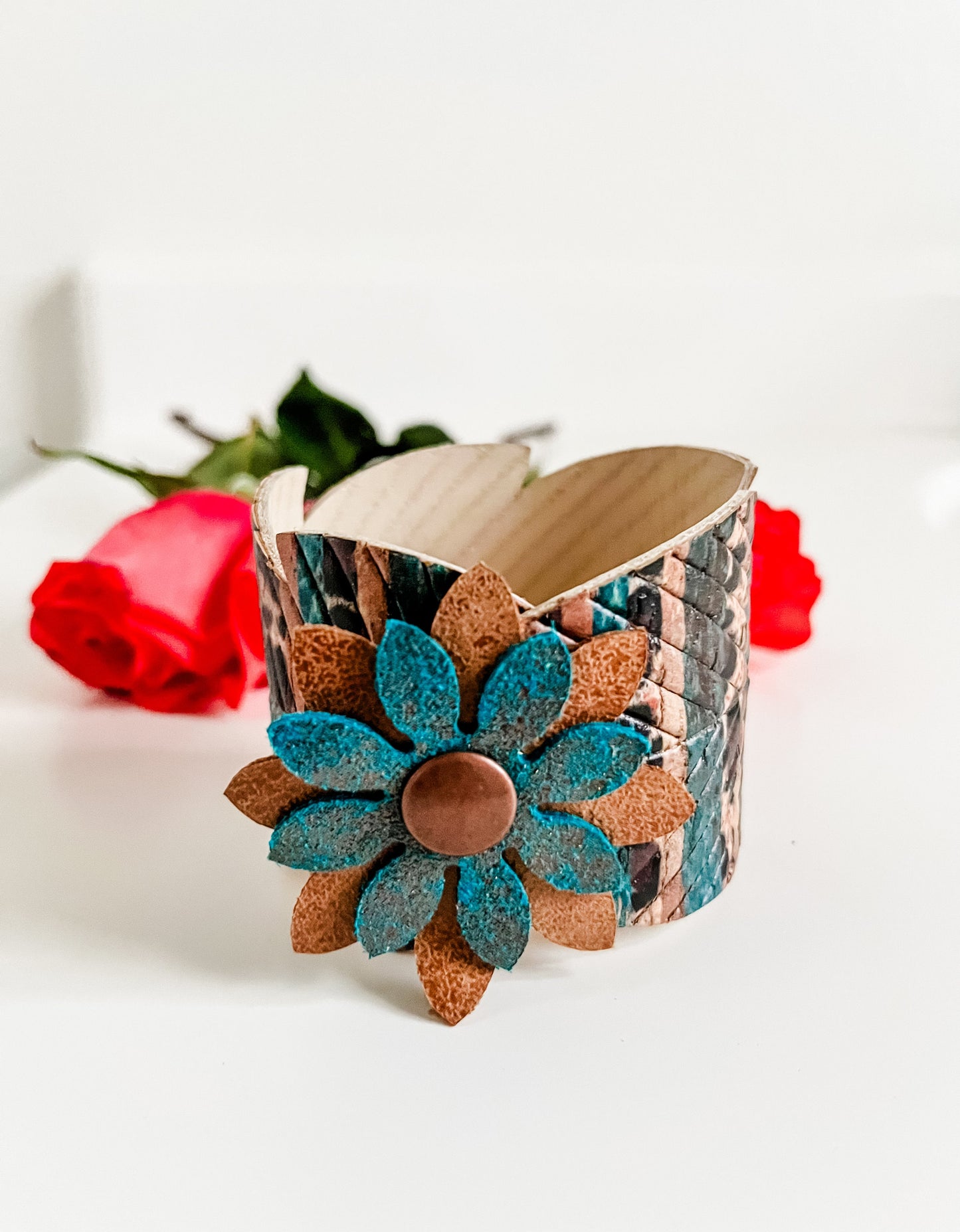 Western Feather Cuff Bracelet, Teal and Leopard Abstract Print Bracelet with Leather Flower, Coastal Cowgirl Jewelry, Animal Print Bracelet