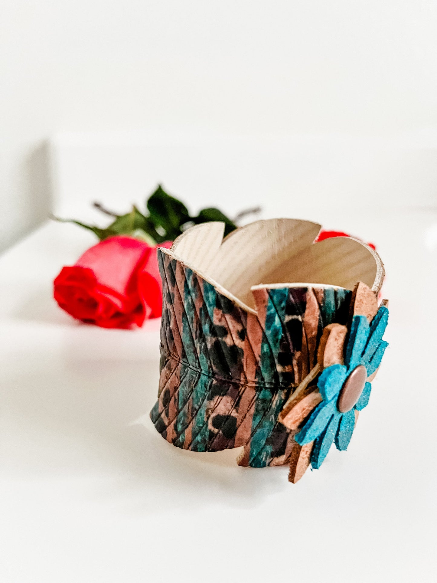 Western Feather Cuff Bracelet, Teal and Leopard Abstract Print Bracelet with Leather Flower, Coastal Cowgirl Jewelry, Animal Print Bracelet