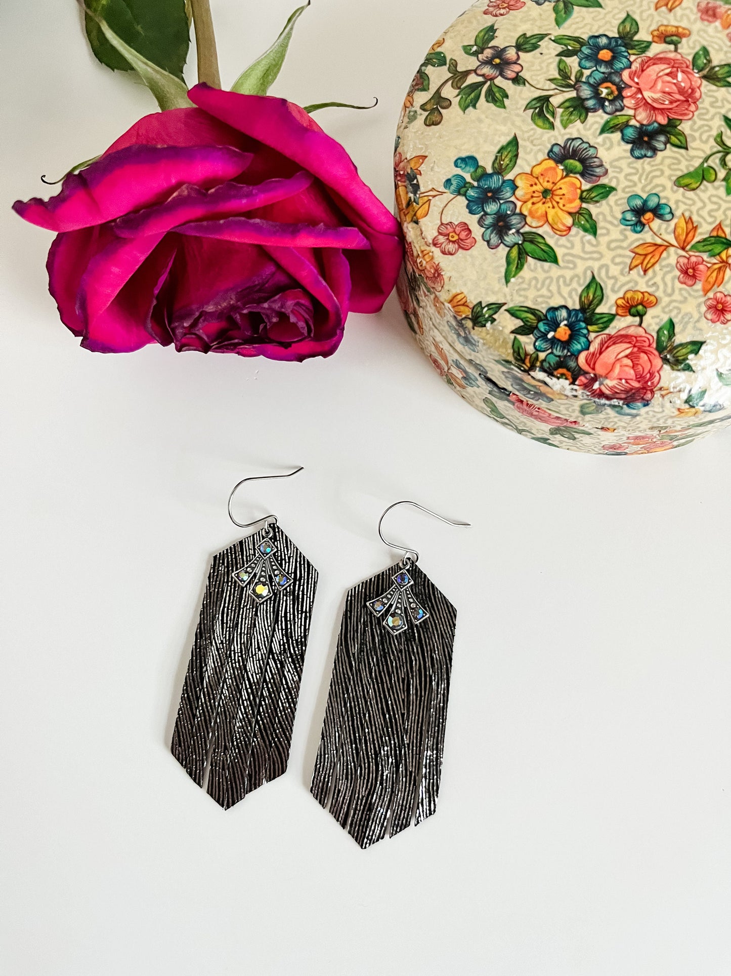 Black Leather Fringe Earrings, Black Fringe Earrings Art Deco Dangles, Boho Deco Earrings, Sparkly Party Earrings, Birthday Gift for Her