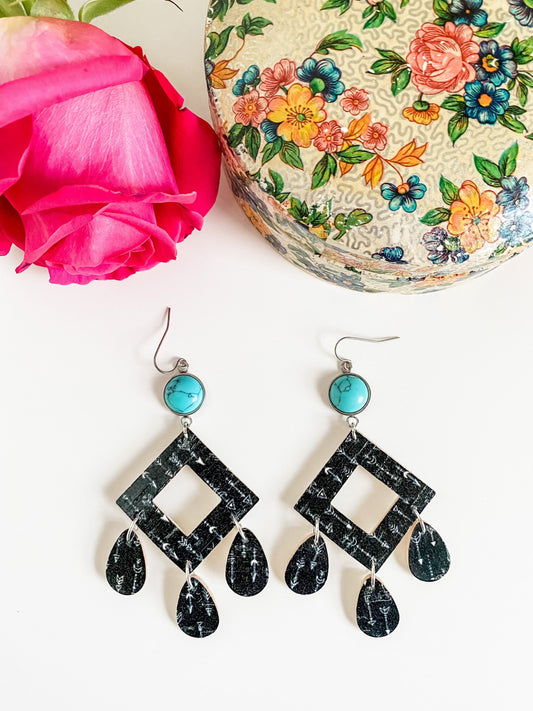 Chandelier Earrings Boho, Coastal Cowgirl Chic Earrings, Black and Turquoise Western Chandelier Earrings, Arrowhead Print Cork on Leather