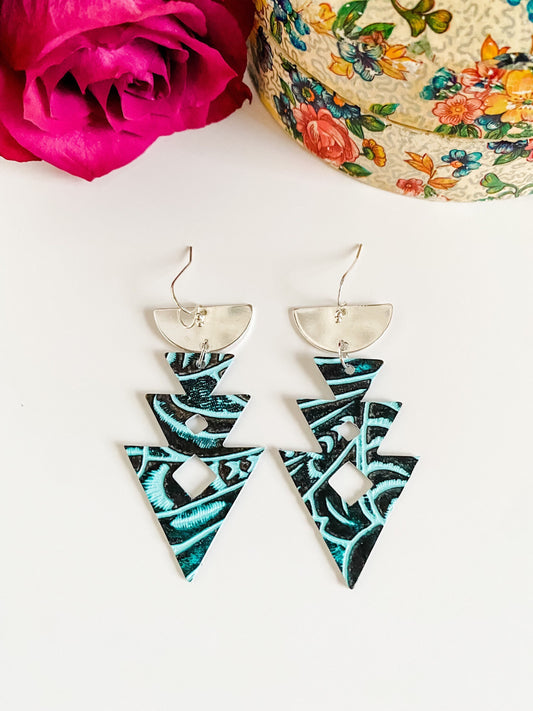 Turquoise Aztec Earrings, Turquoise Western Floral Embossed Leather, Coastal Cowgirl Earrings, Boho Tribal Chic Earrings, Western Earrings