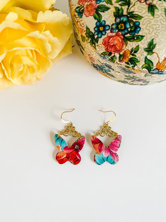 Boho Butterfly Earrings, Vibrant Floral Print Cork on Leather, Gold Filigree Dangle Earrings, Cottagecore Coquette Chic Earrings