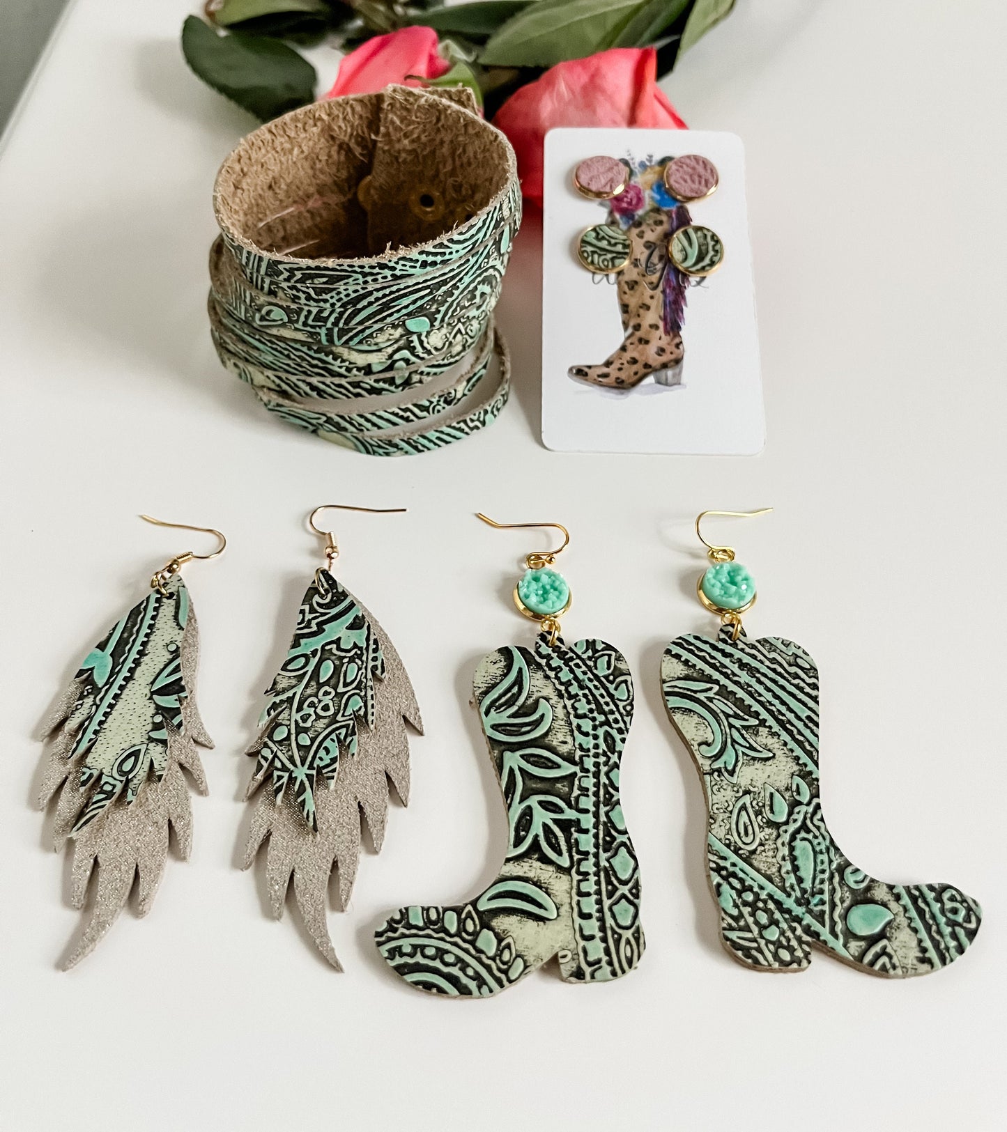 Funky Feather Earrings in Mint Paisley Embossed Leather, Coastal Cowgirl Earrings, Western Country Chic Earrings, Gift for Cowgirl