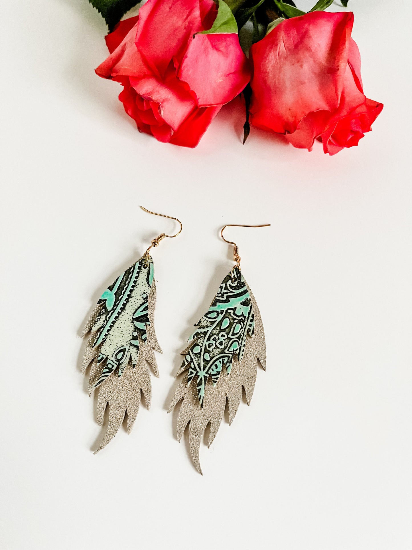 Funky Feather Earrings in Mint Paisley Embossed Leather, Coastal Cowgirl Earrings, Western Country Chic Earrings, Gift for Cowgirl