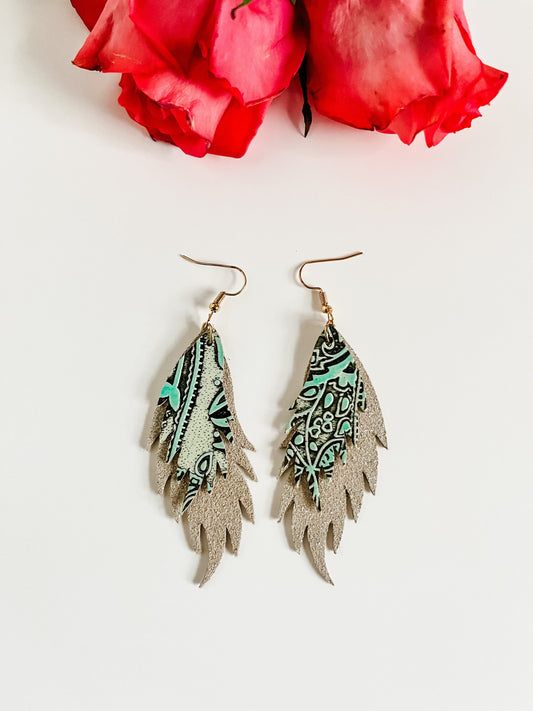 Funky Feather Earrings in Mint Paisley Embossed Leather, Coastal Cowgirl Earrings, Western Country Chic Earrings, Gift for Cowgirl