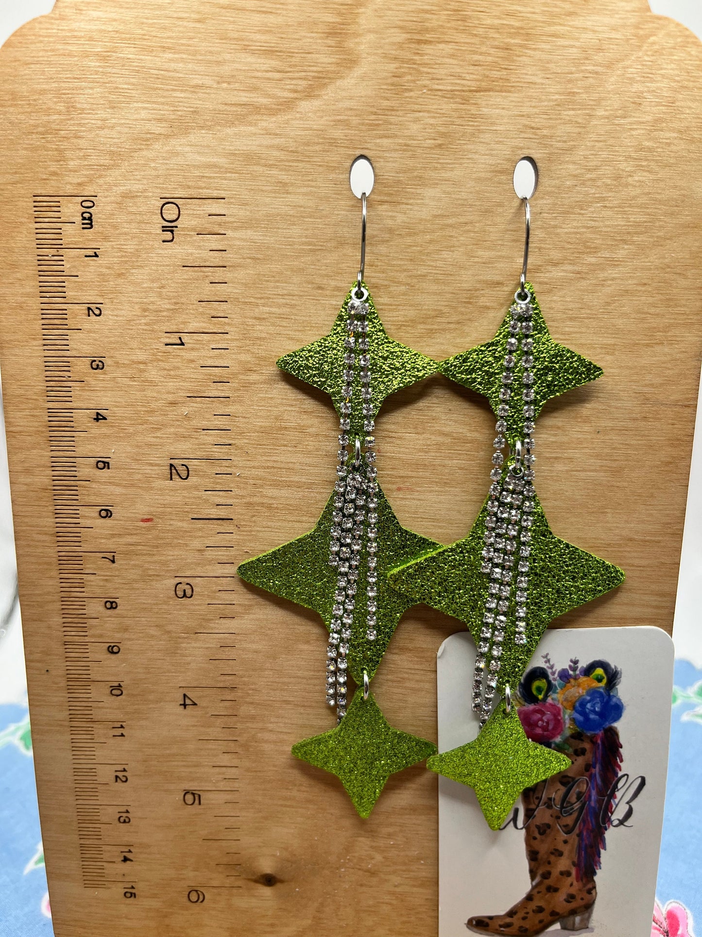 Lime Green Statement Earrings, North Star Earrings in Metallic Lime Green Earrings, Rhinestone Chain Tassels, Big and Bold Earrings