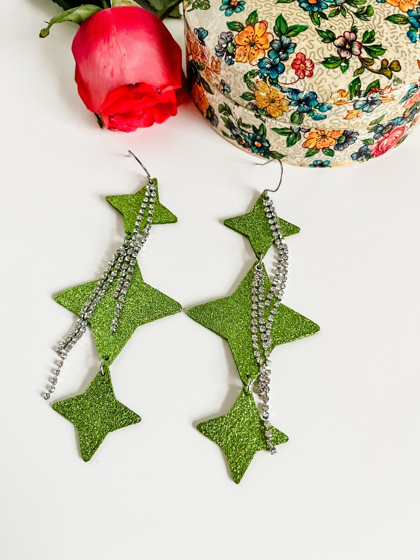 Lime Green Statement Earrings, North Star Earrings in Metallic Lime Green Earrings, Rhinestone Chain Tassels, Big and Bold Earrings