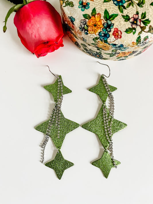 Lime Green Statement Earrings, North Star Earrings in Metallic Lime Green Earrings, Rhinestone Chain Tassels, Big and Bold Earrings