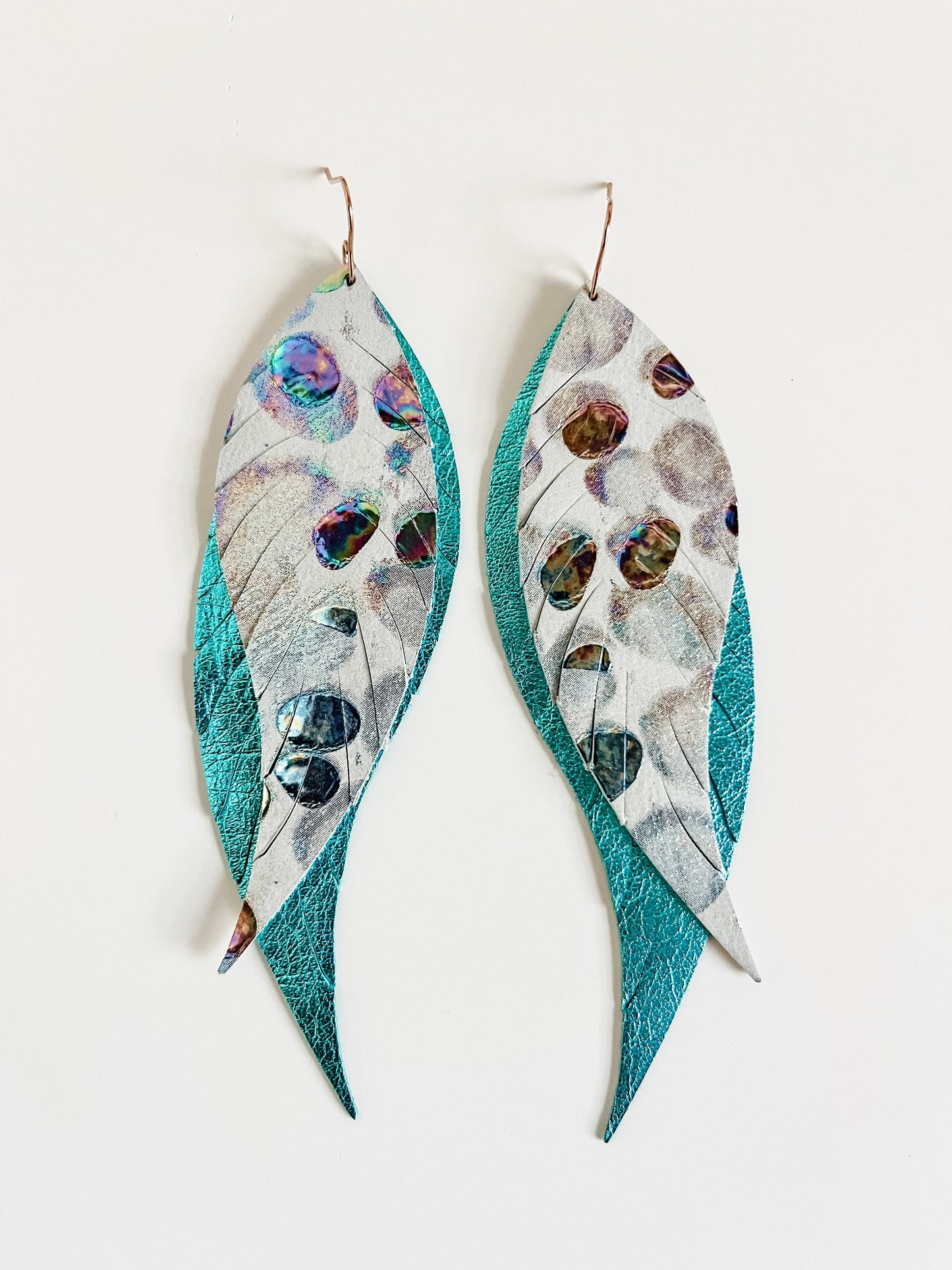 Big Feather Earrings, Iridescent White and Turquoise Leather Earrings, Coastal Cowgirl Earrings, Maximalist Earrings, Birthday Gift for Her