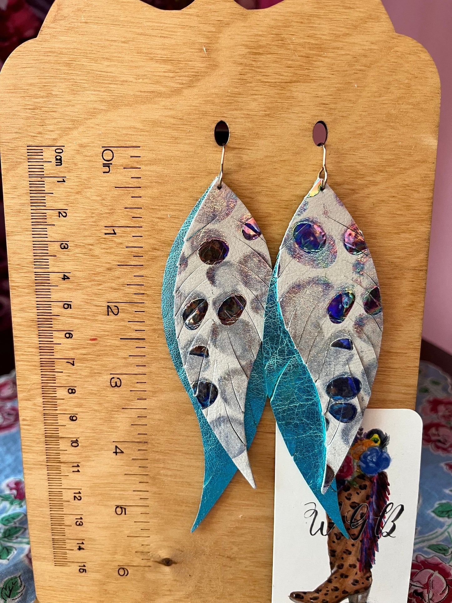 Big Feather Earrings, Iridescent White and Turquoise Leather Earrings, Coastal Cowgirl Earrings, Maximalist Earrings, Birthday Gift for Her