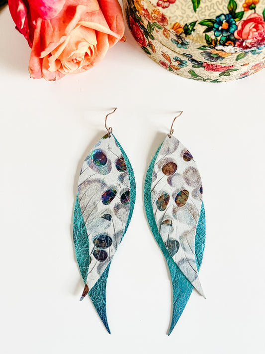 Big Feather Earrings, Iridescent White and Turquoise Leather Earrings, Coastal Cowgirl Earrings, Maximalist Earrings, Birthday Gift for Her