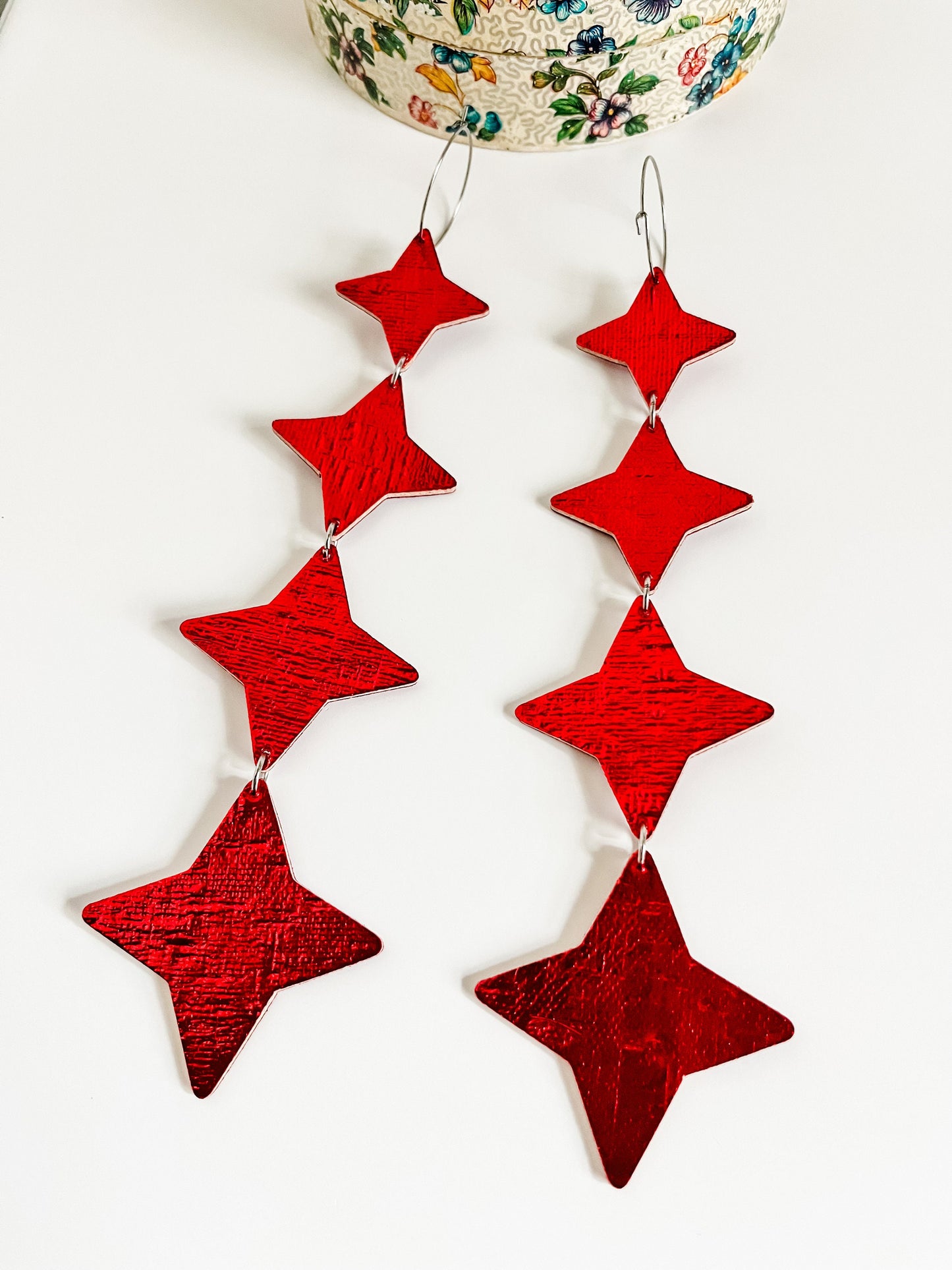 Red Leather Statement Earrings, North Star Dangle Earrings, Big Star Earrings, Festival Fashion Earrings, Party Earrings