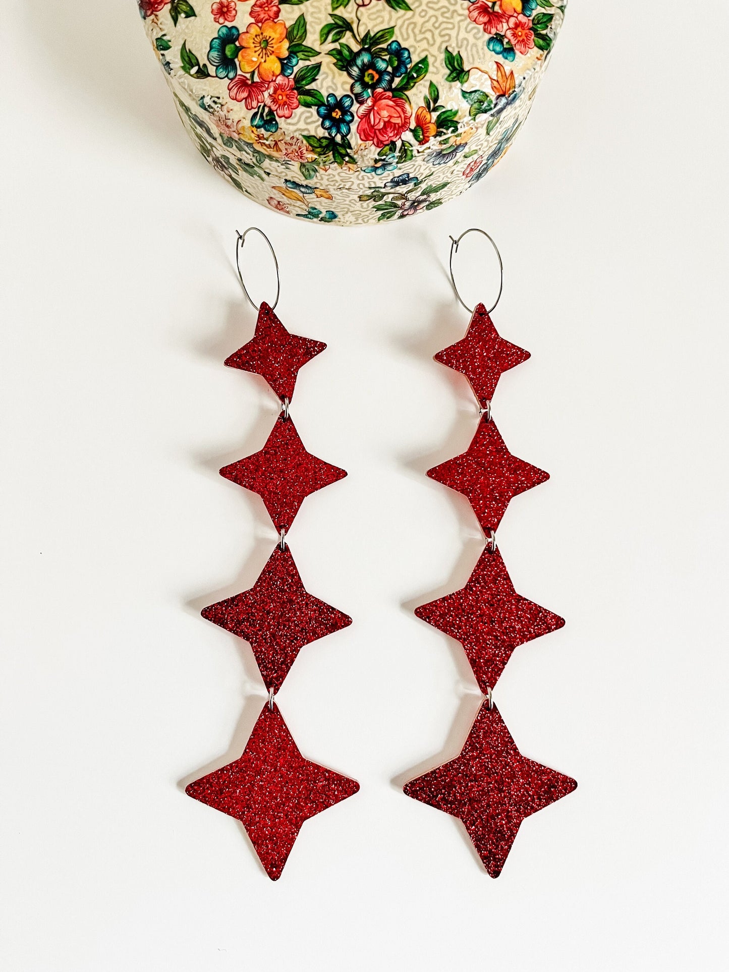 Red Leather Statement Earrings, North Star Dangle Earrings, Big Star Earrings, Festival Fashion Earrings, Party Earrings