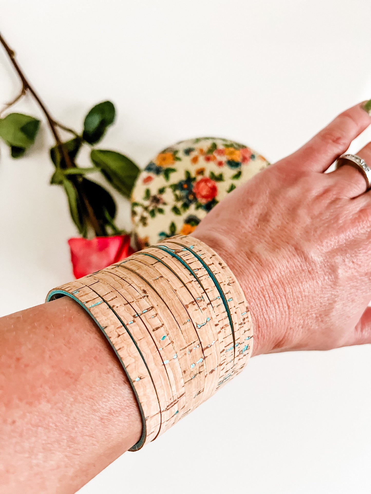 Turquoise and Natural Cork Jewelry Set, Slice Cuff Bracelet, North Star Earrings, Boho Coastal Cowgirl Jewelry Set, Concert Festival Jewelry