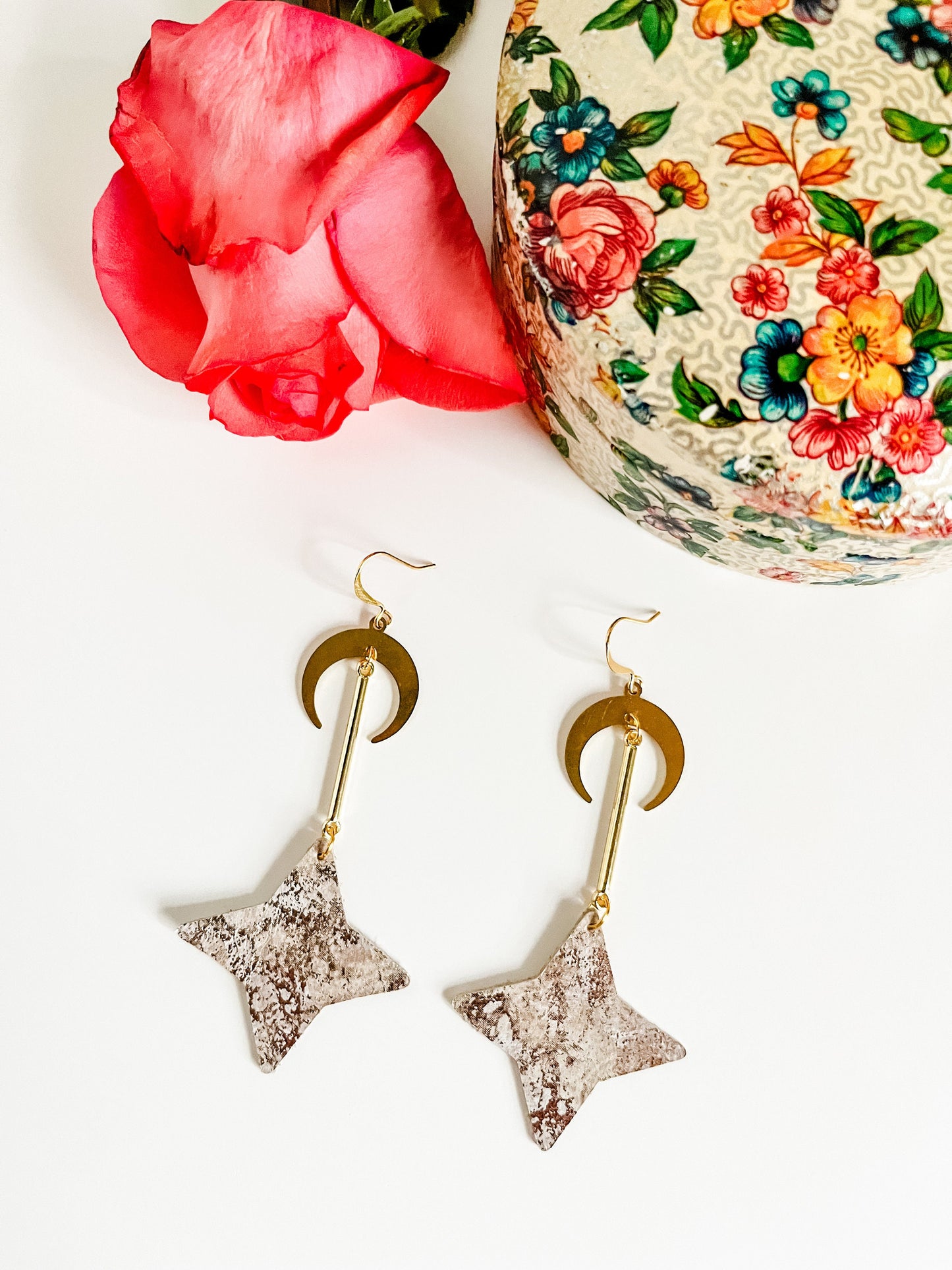 Gold North Star Earrings, Crescent Horn Leather Star Drops, Festival Earrings, Handmade Leather Earrings, Unique Earrings, Boho Star Earring