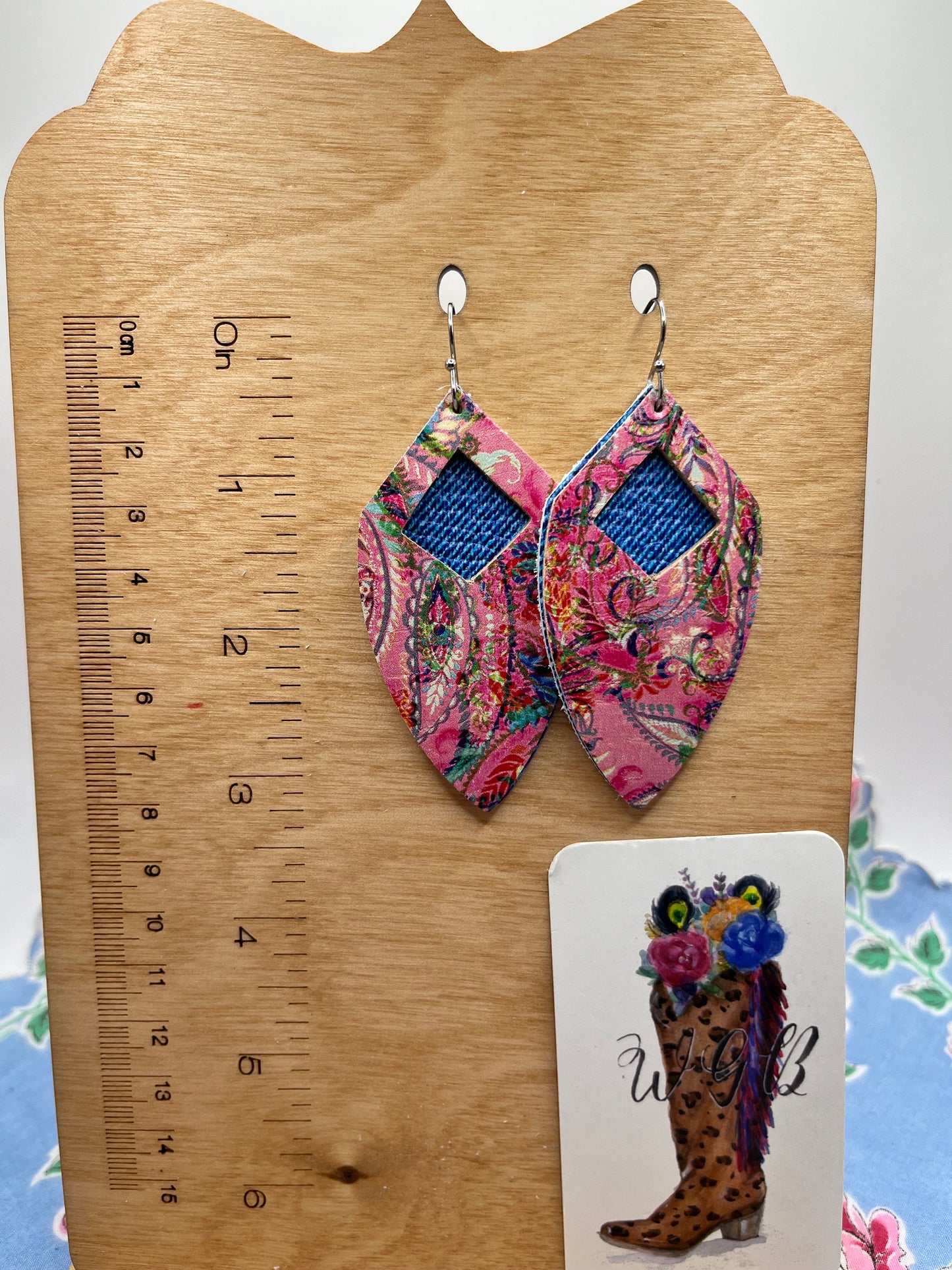 Pink Paisley and Denim Leather Earrings, Pink Western Paisley Earrings, Denim Jeans Earrings, Coastal Cowgirl Barbie Earrings