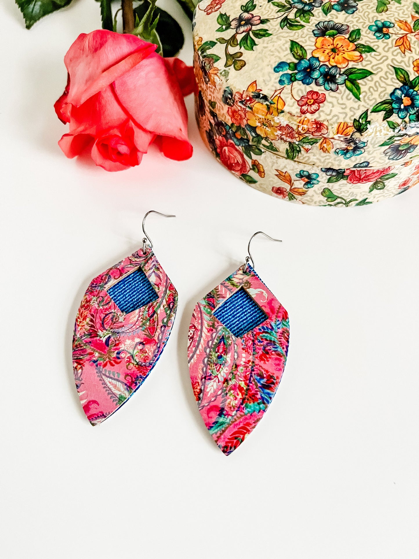 Pink Paisley and Denim Leather Earrings, Pink Western Paisley Earrings, Denim Jeans Earrings, Coastal Cowgirl Barbie Earrings