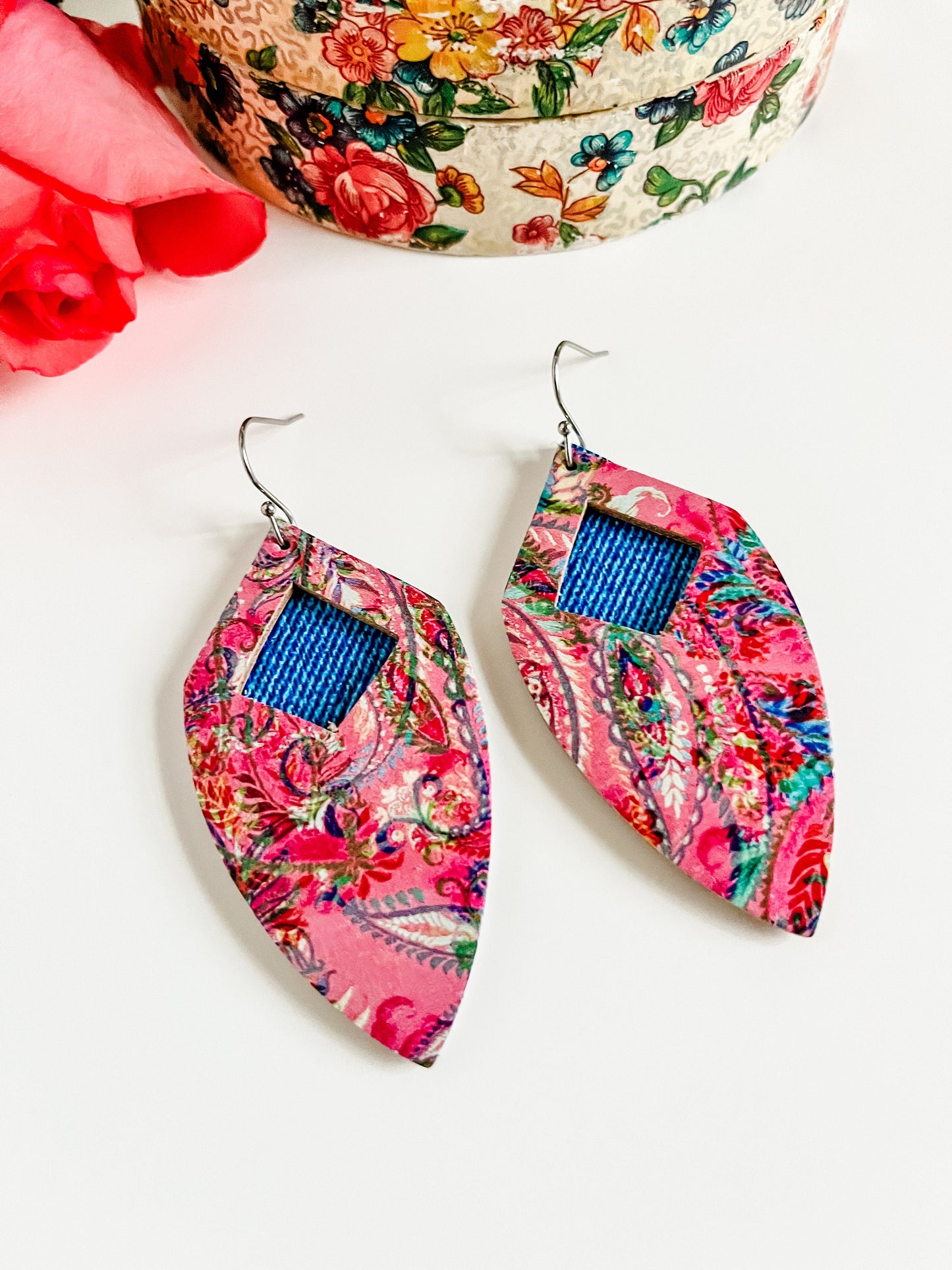 Pink Paisley and Denim Leather Earrings, Pink Western Paisley Earrings, Denim Jeans Earrings, Coastal Cowgirl Barbie Earrings