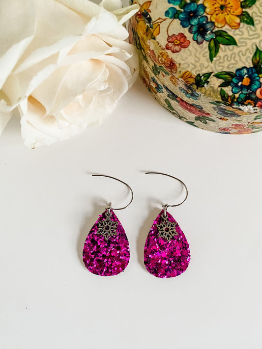 Dark Pink Glitter Teardrop Earrings with Snowflake Charms, Stocking Stuffer for Women, Holiday Party Earrings, Pink Christmas Earrings