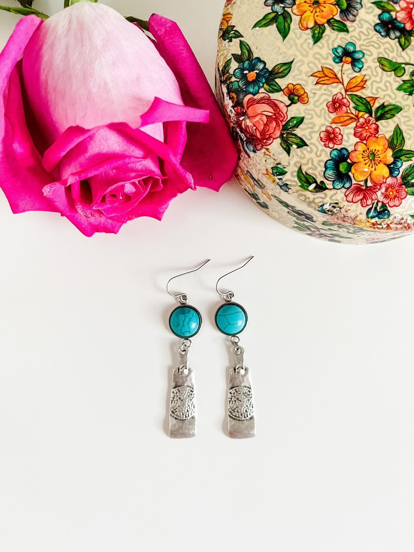 Boho Turquoise and Silver Earrings,  Faux Turquoise Earrings, Coastal Cowgirl Western Earrings, Boho Cowgirl Chic Earrings, Festival Jewelry