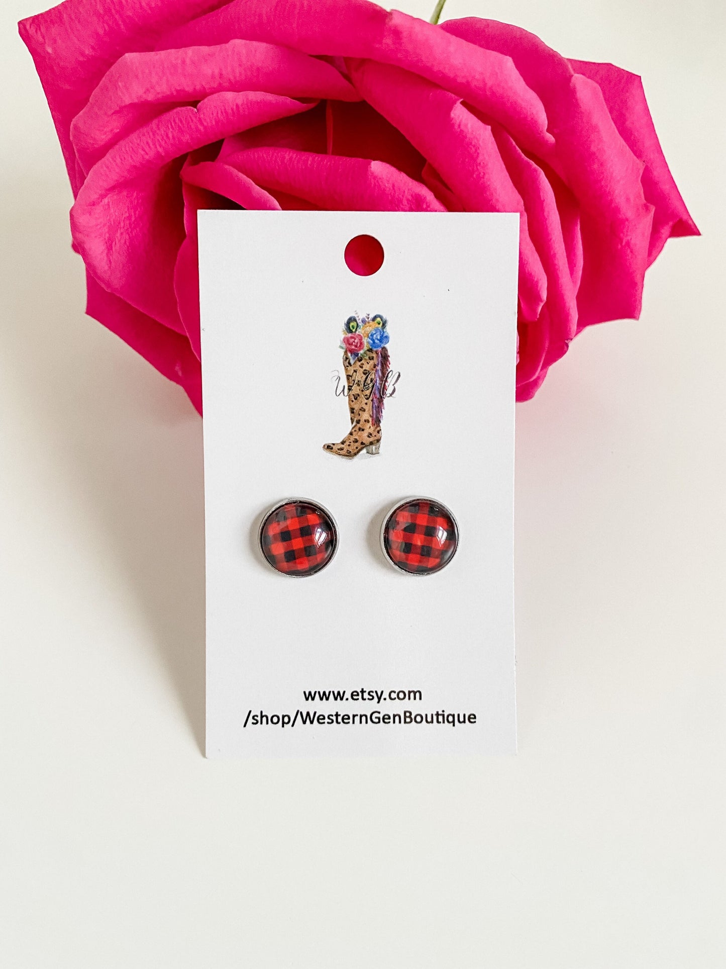 Buffalo Plaid Stud Earrings, Red and Black Plaid Earrings, Boho Buffalo Check Earrings, Gift for Teacher, Best Friend Gift for Her