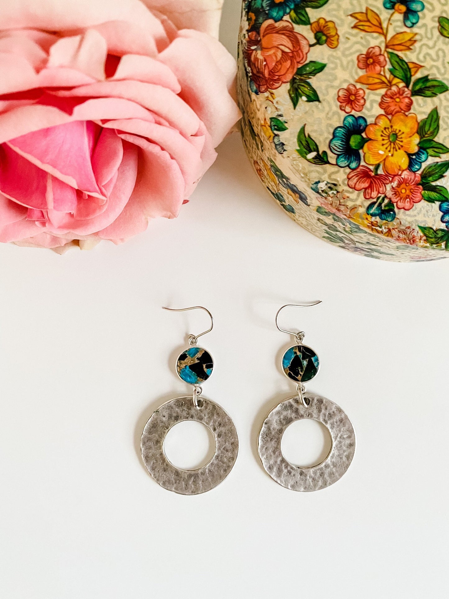 Boho Turquoise and Silver Circle Earrings, Natural Blue Black Copper Turquoise Earrings, Coastal Cowgirl Earrings, Festival Earrings