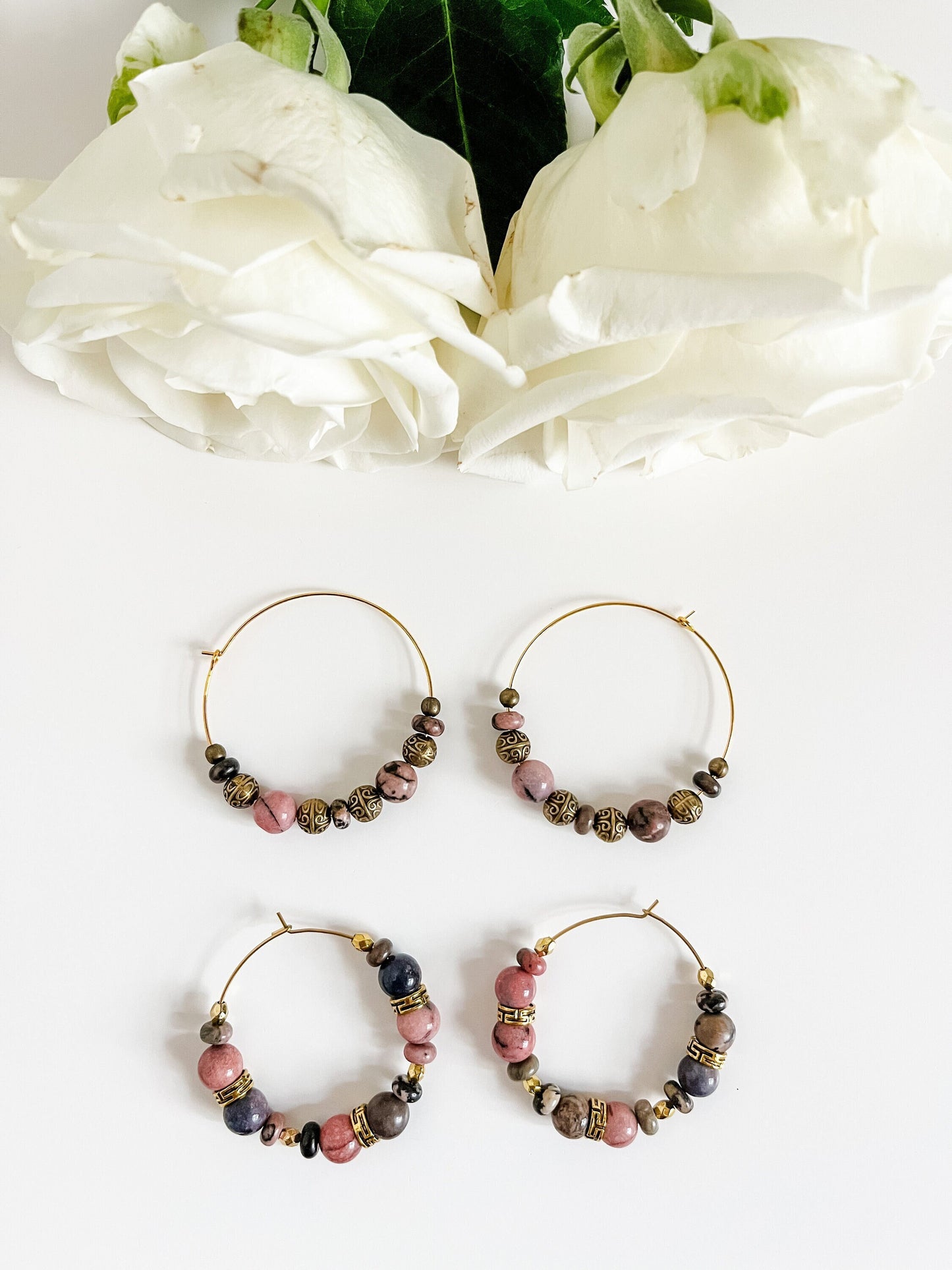 Boho Big Bead Hoop Earrings, Boho Tribal Chic Earrings, Western Coastal Cowgirl Chic Earrings, Bronze and Rhodonite Beaded Earrings