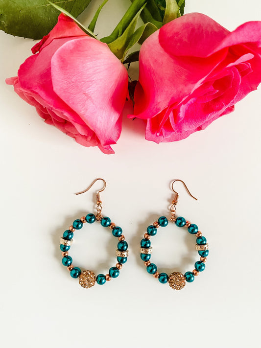 Pearl Hoop Dangle Earrings, Teal and Rose Gold Bead Hoop Earrings, Southern Earrings, Boho Chic Wedding Earrings, Unique Pearl Earrings