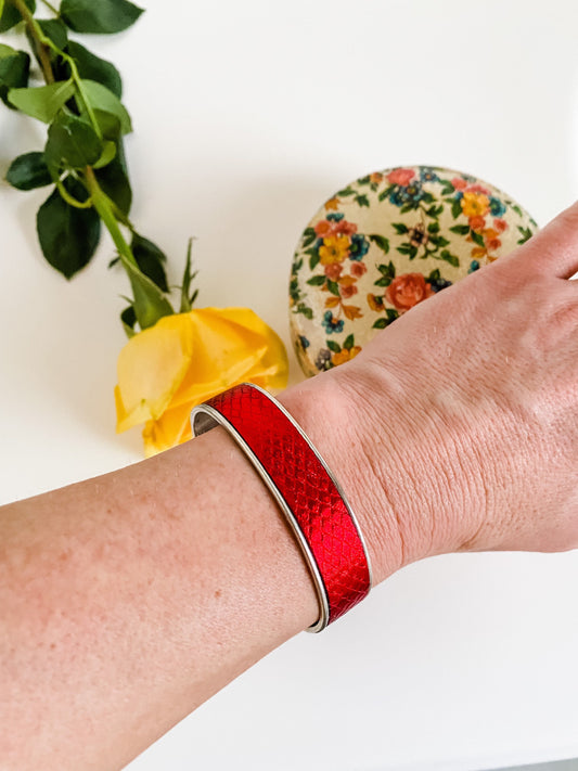 Red Leather Inlay Bracelet, Boho Leather Bangle Bracelet, Leather Cuff Bracelet, Red Python Bracelet, Best Friend Birthday Gift for Her